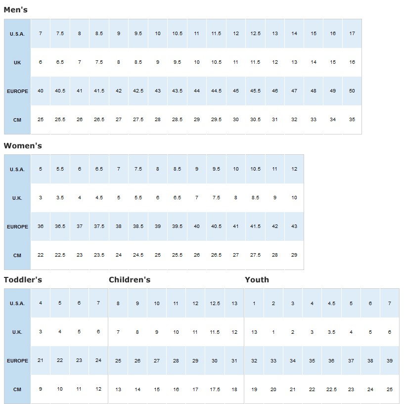 Columbia Shoe Size Chart for walking, hiking and daily footwear