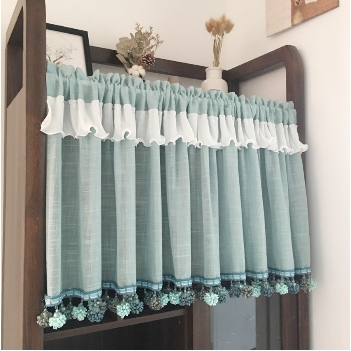 EM Korean Style Tassel Short Curtain Valances Sheer Voile Kitchen Cabinet Partition Coffee Drapes Small Window Half Curtain