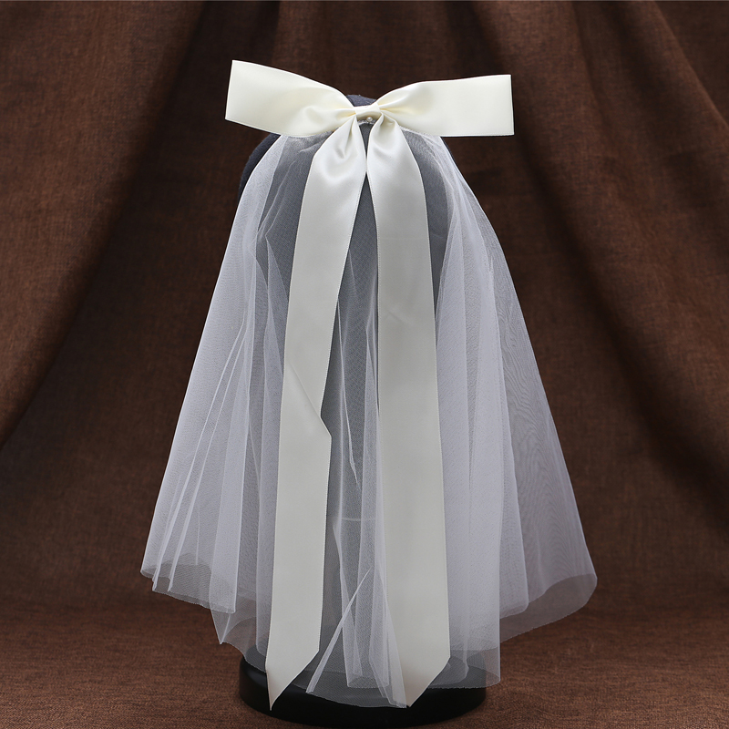 White Ribbon Bow Veil Bridal Short Veils With Hair Clip 