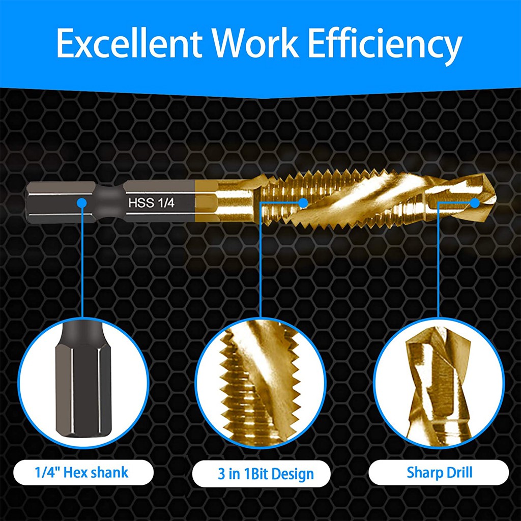 6Pcs Tap Drill Bit Set, M3-M10 HSS Titanium Combination 1/4” Hex Shank Screw Thread Metric Tap Drill