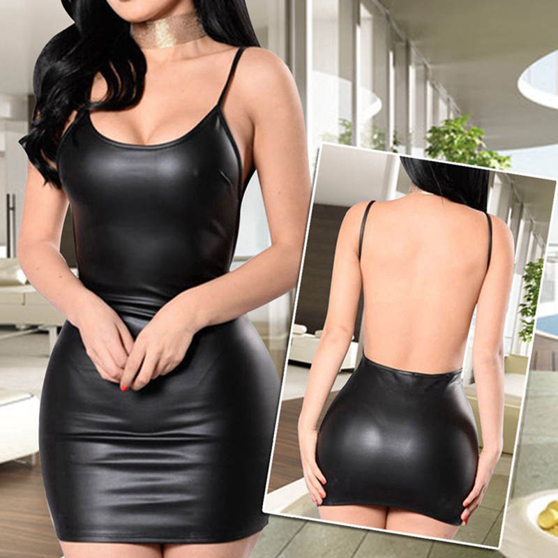 black leather spaghetti strap dress