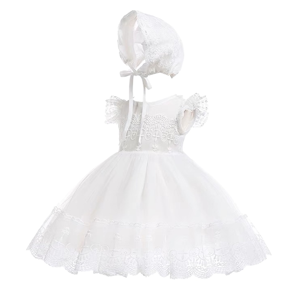 White Dress for Baby Girl Girls Christening Dress with Hat Headdress