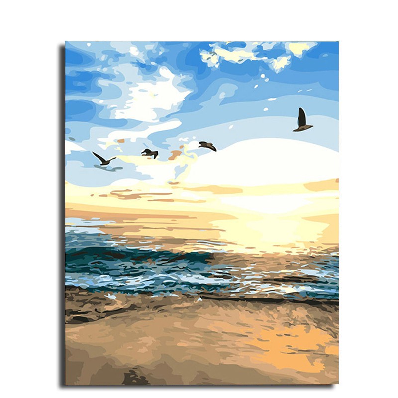 DIY Oil Canvas Paint By Number Kit Sea Sunset Beach Painting Gift