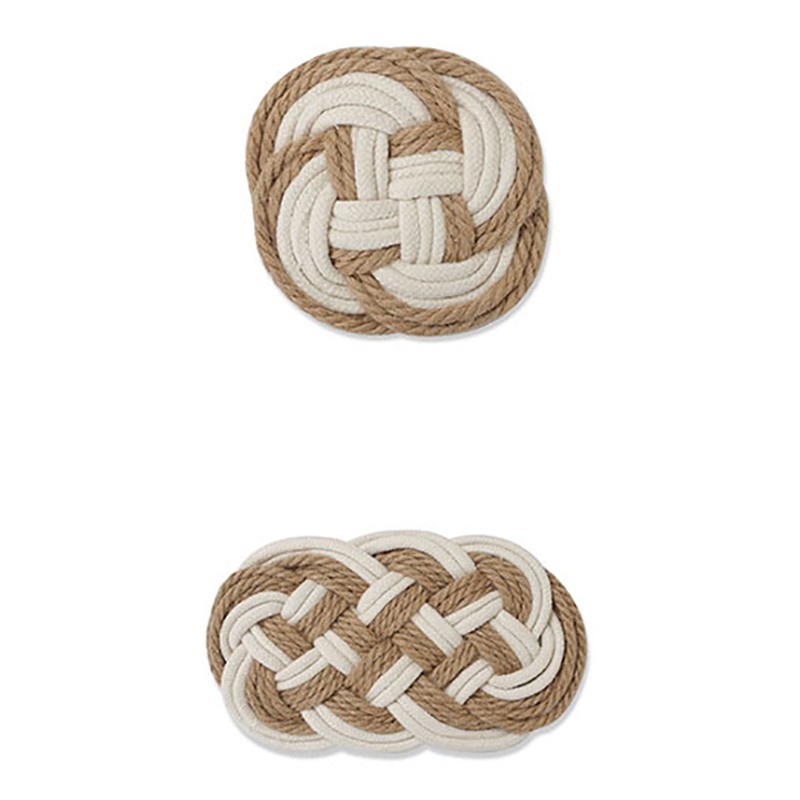 2Pcs Braided Coasters(Round+Oval) Heat-Resistant Brown+White