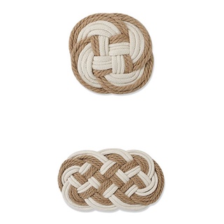 2Pcs Braided Coasters(Round+Oval) Heat-Resistant Brown+White #2
