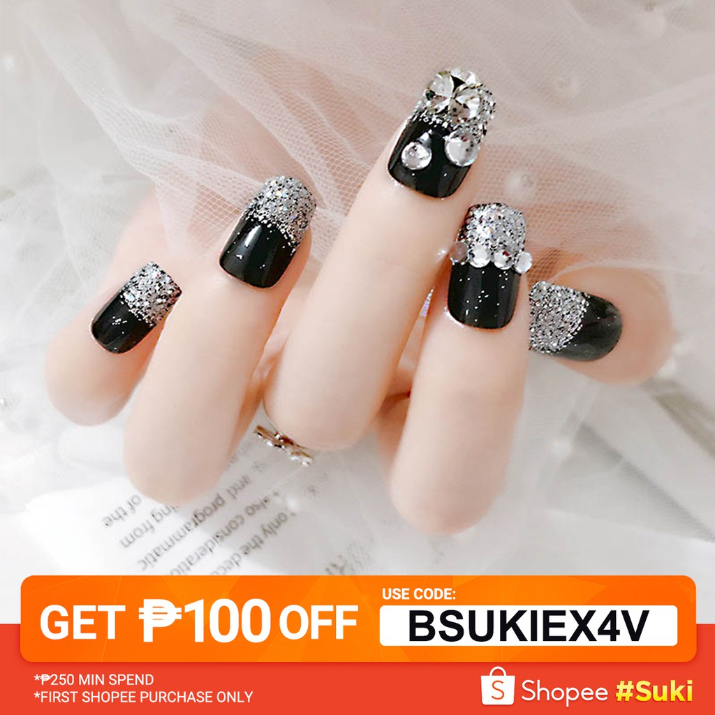 24pcs Set Glitter Fake Nails Black Square Press On Nails Art