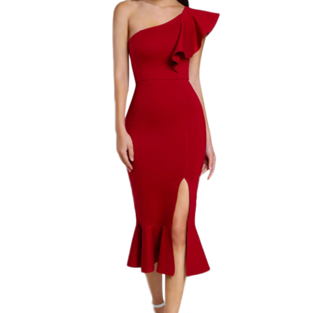 red ruffle one shoulder dress