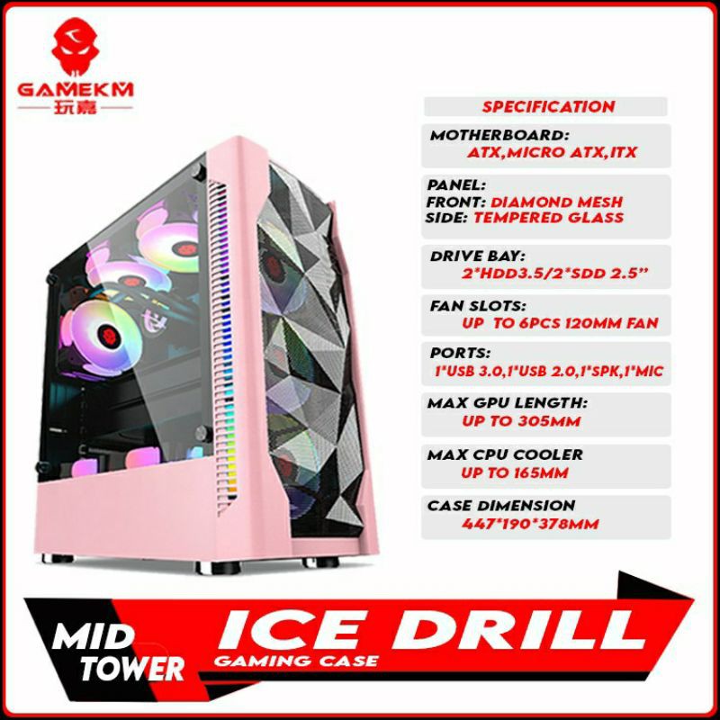 GameKM Ice Drill Mid Tower Gaming Case Diamond MESH BLACK/WHITE/PINK ...