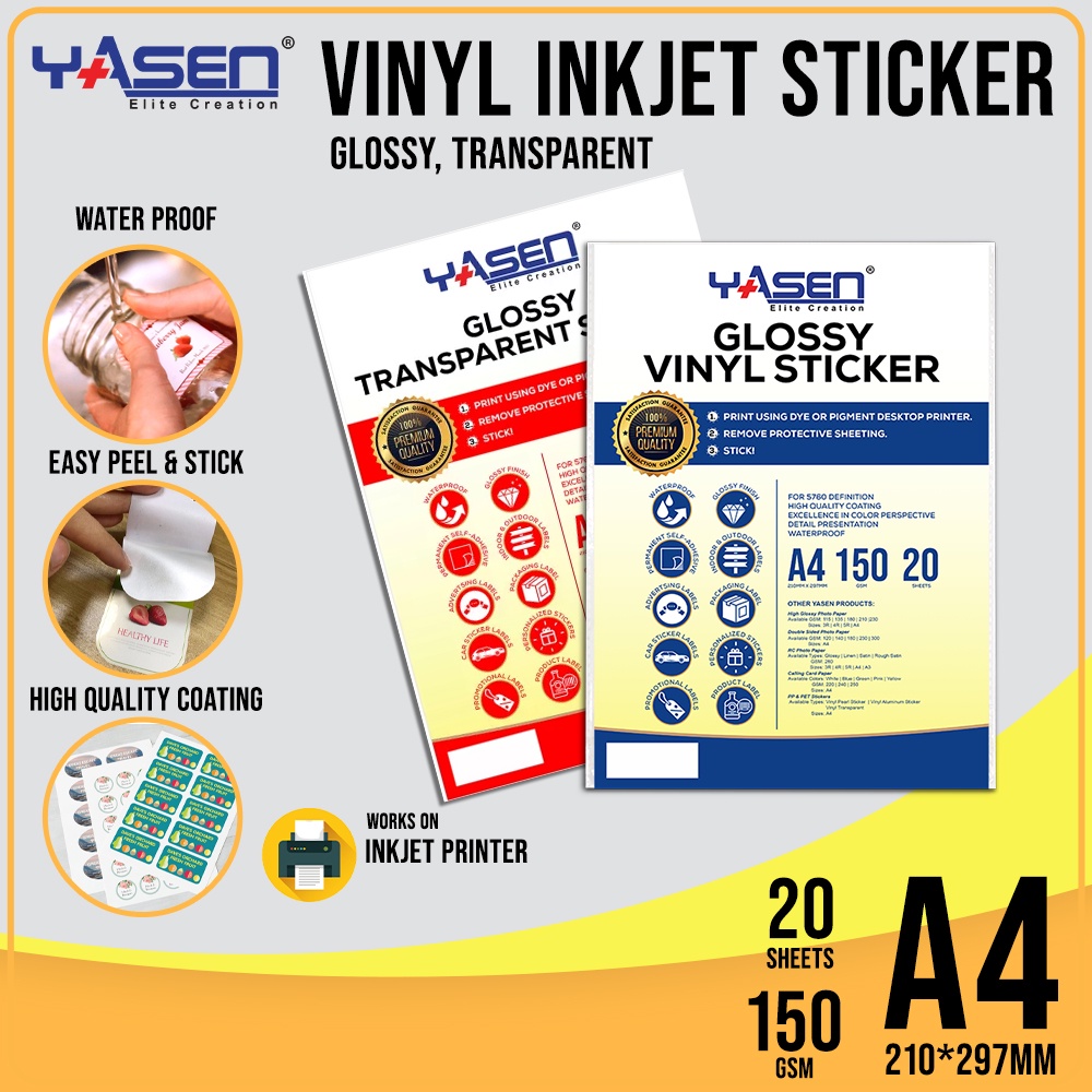 Yasen Vinyl Inkjet Sticker Paper A4 Size 150GSM (Glossy, Transparent ...