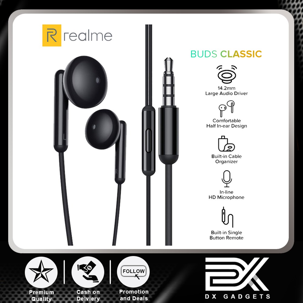 Realme Buds Classic Earphone 3.5mm InEar Wired Music Earbuds Builtin