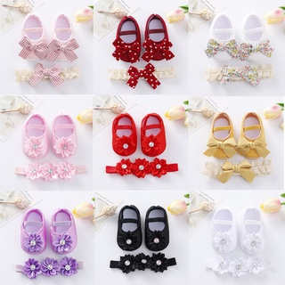 2Pcs/set Baby Shoes Infant Girl Non-Slip Soft Sole Bowknot Shoes Newborn Princess Flat ShoesToddler Shoes + Headband
