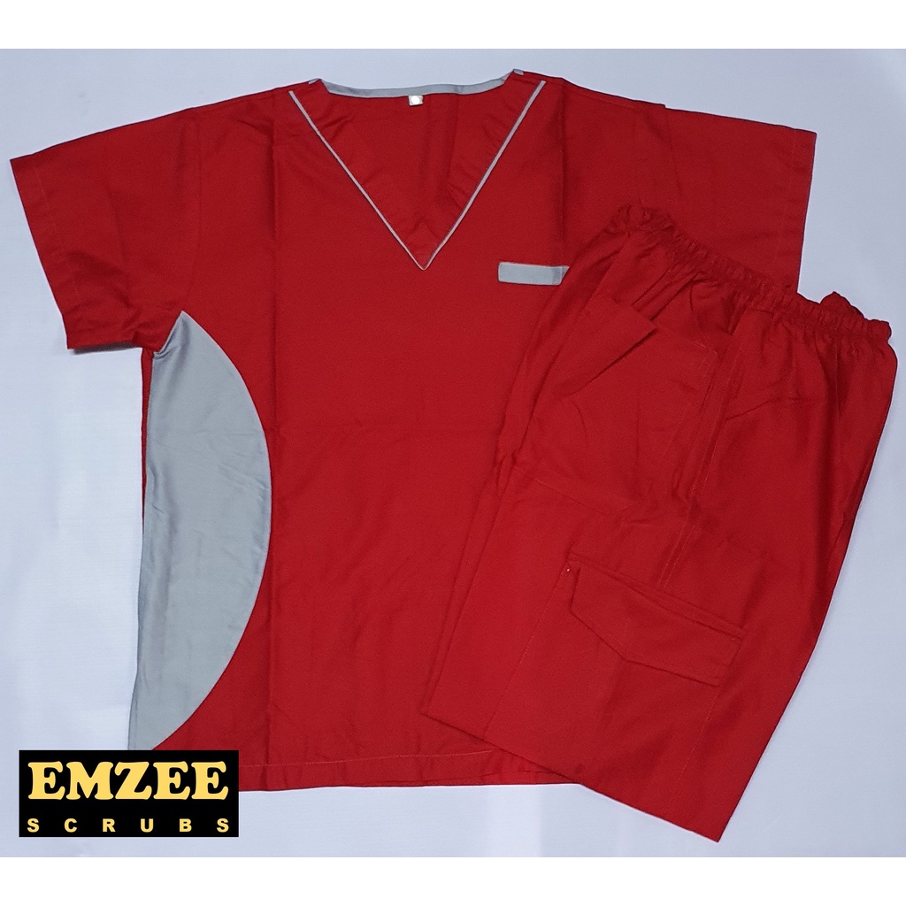 scrubsuit-large-top-with-cargo-pants-swiss-cotton-red-with-gray-accent-shopee-philippines