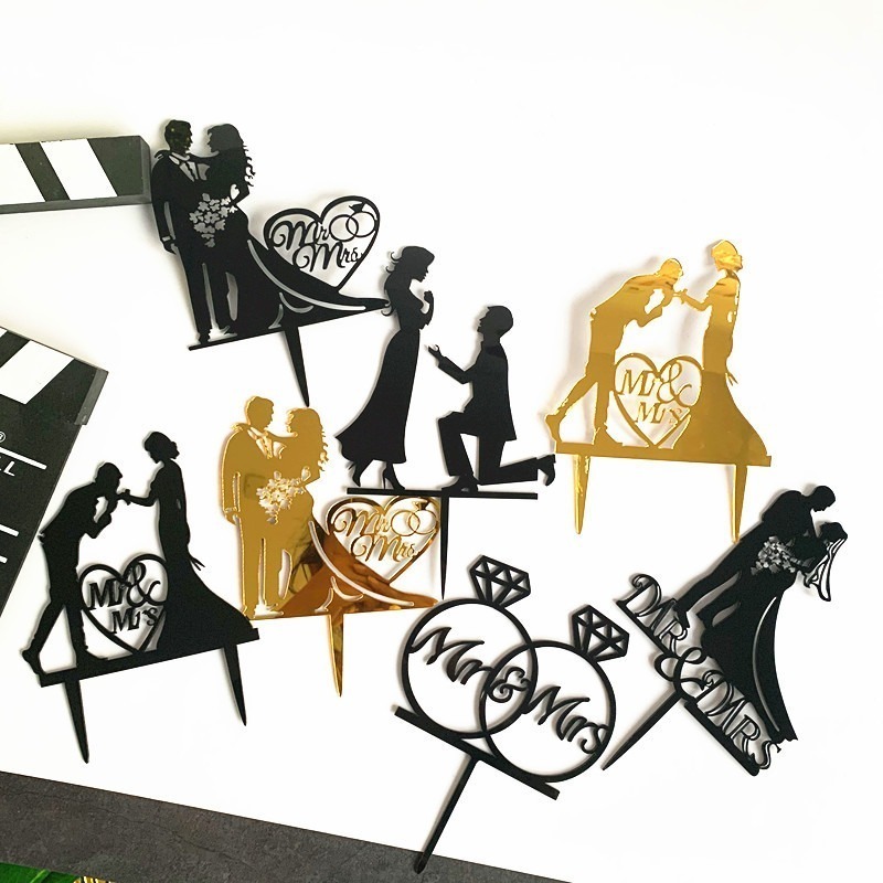 Cake Topper Bride Groom Mr Mrs Wedding Decorations Acrylic Black Gold Cake  Toppers | Shopee Philippines