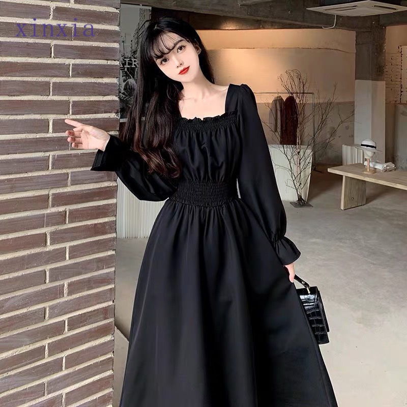 [xin]Plus Size Elastic Waist Long Sleeve Maxi Black Dress | Shopee ...