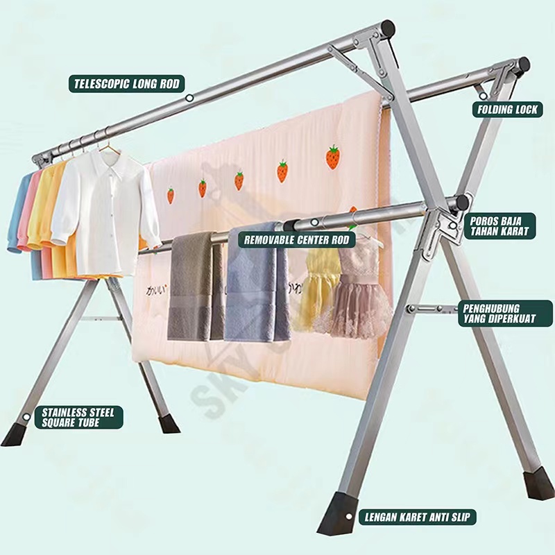 2.4M/3 Rail Sampayan Foldable Heavy Duty Hanger For Clothes Stainless Outdoor Laundry Drying Rack