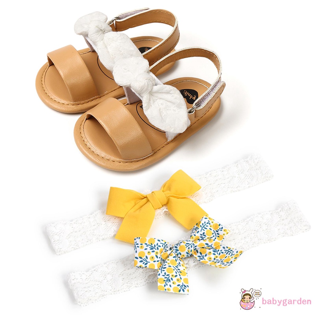(Babygarden)-Baby Girl’s Cotton Shoes and 2Pcs Headband Floral Stripe Soft Sole Sandals