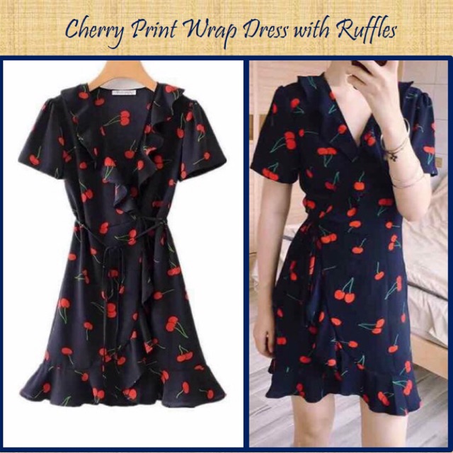Cherry Print Wrap Dress with Ruffles ...