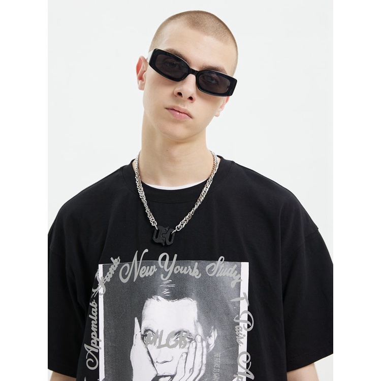 couple tshirt front portrait American trend print hip hop cotton crewneck unisex plus size black top