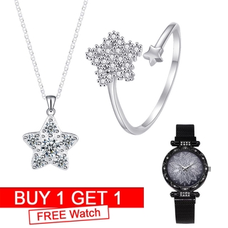 Lucky Silver Genuine 92.5 Italy Silver Adjustable Star Design Ring and Necklace with Free Watch Set