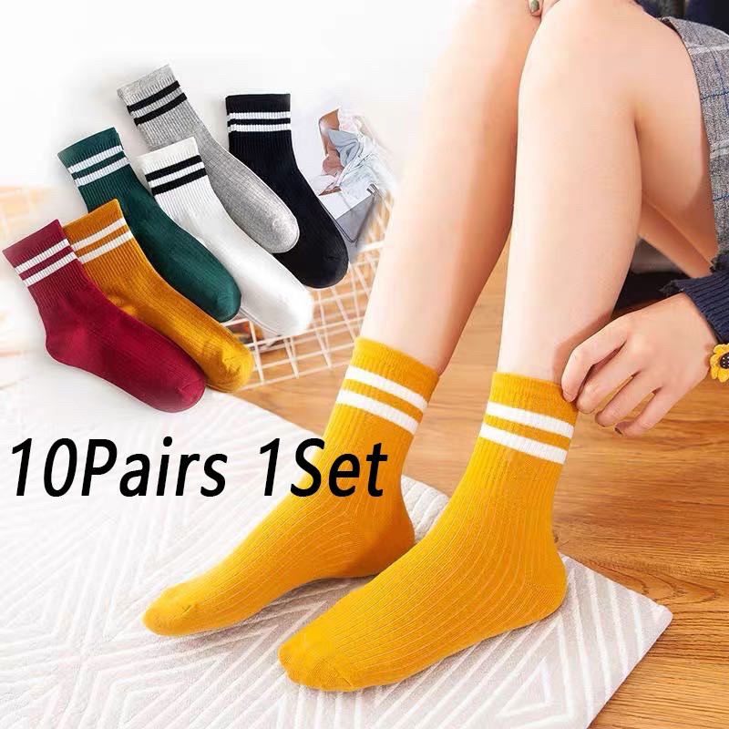 Nakusu 10Pairs Socks Mid Cut Sock Mid High Ankle Stripe Plain Socks ...