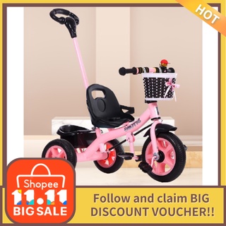 [COD] Baby 3 Wheels Trolley Bike for Children Kids with Front Back Basket and Push Bar