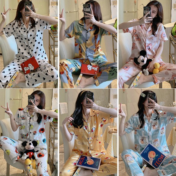 Women High Quality Baju  Tidur  Satin  Sleepwear Silk Pyjamas 