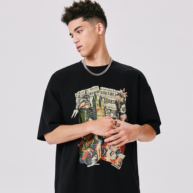 couple t-shirt summer new American retro color portrait print unisex black high street plus size top