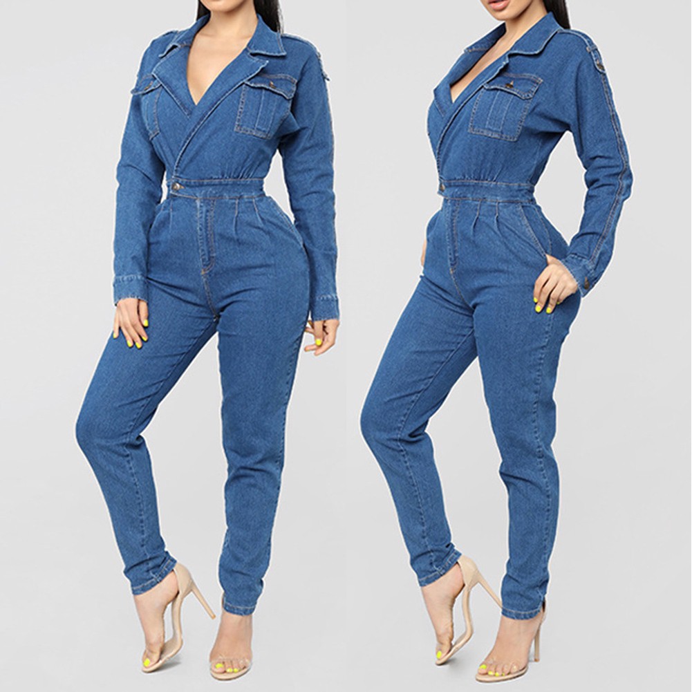 v neck denim jumpsuit