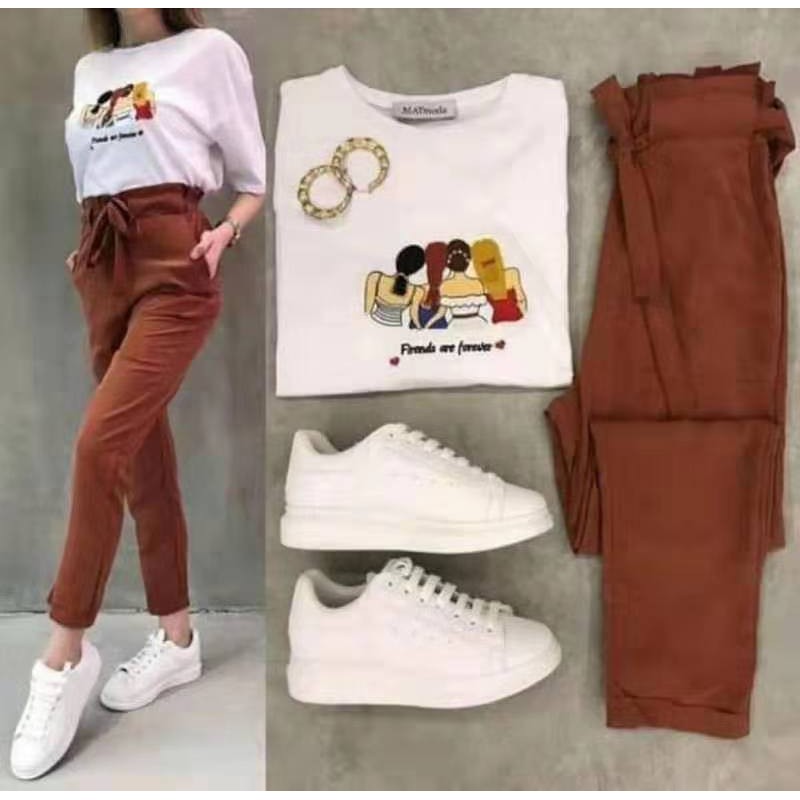 white top brown pants