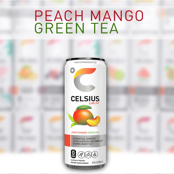 CELSIUS ENERGY DRINK PEACH MANGO GREEN TEA 1 CASE/24 CANS Shopee