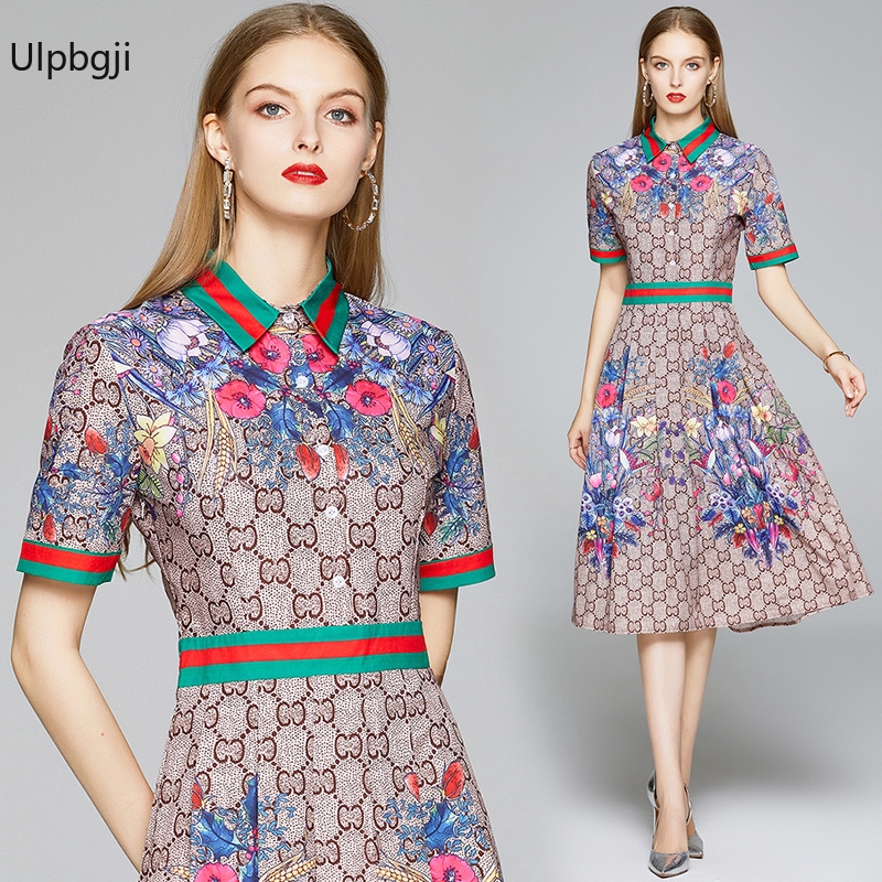 Spring Summer Fall Runway Floral Print Collar Button Women Casual Midi Dress