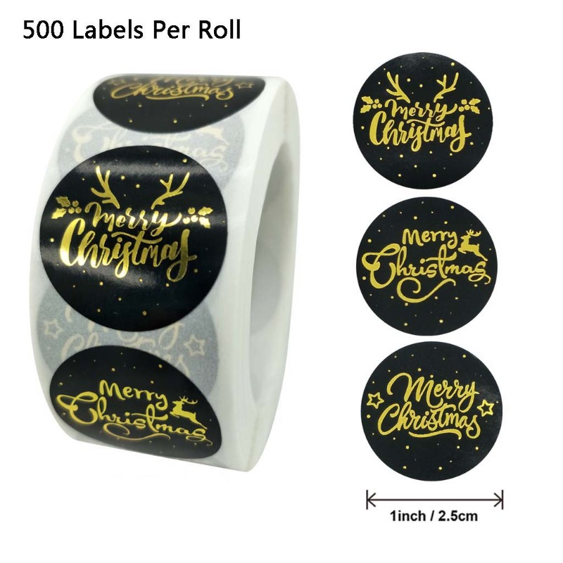 500pcs/roll Round Transparent Gold Foil Merry Christmas Stickers Seal Label for Stamp Envelopes Cards Invitations Gift Packages Scrapbooking Decoration