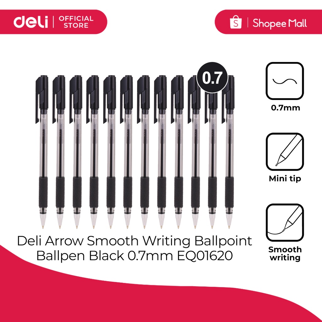 Deli EQ01620 Arrow Smooth Writing Ballpoint Ballpen Black 0.7mm 12pcs