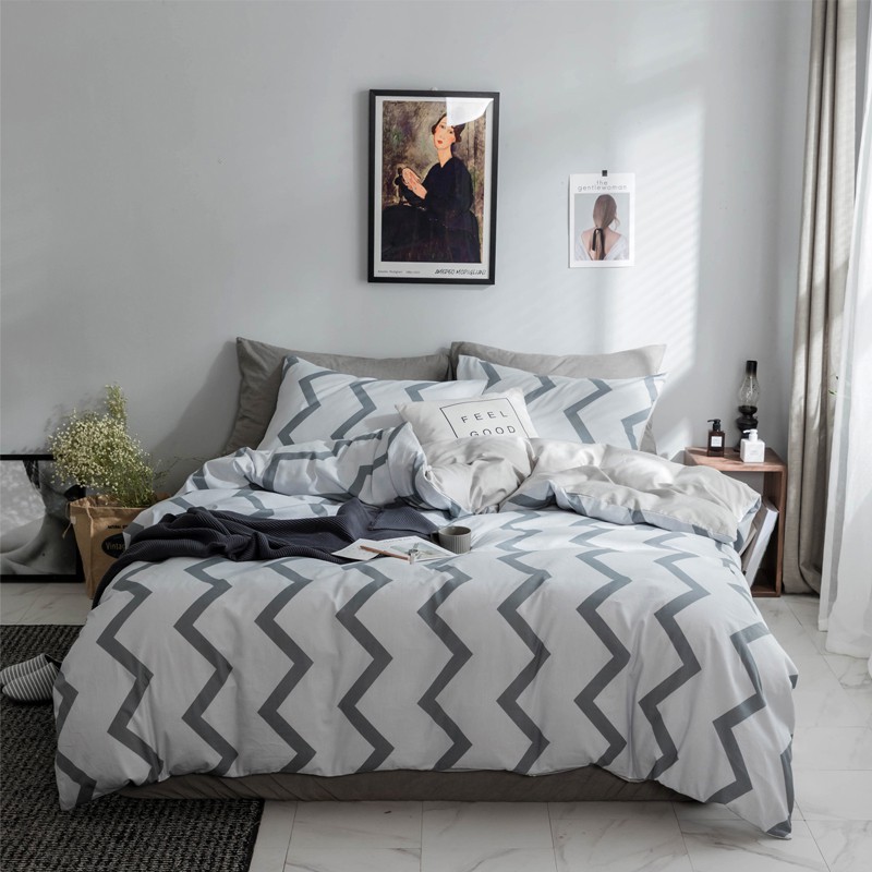 White Grey Stripes Duvet Cover Set Solid Color Bed Fitted Sheet