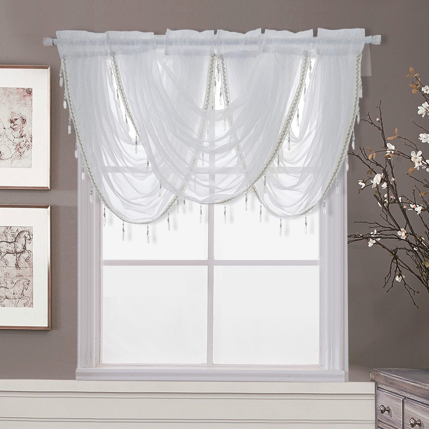 Swag Curtain Floral White Lace Sheer Rod Pocket Curtain Valance With Hanging Crystal Beads For Farmhouse Kitchen Bedroom Window Shopee Philippines