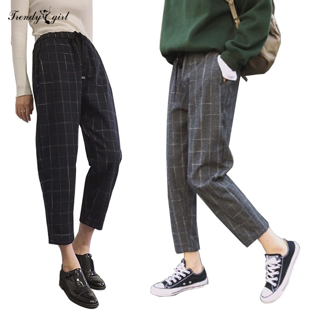 drawstring waist plaid trousers
