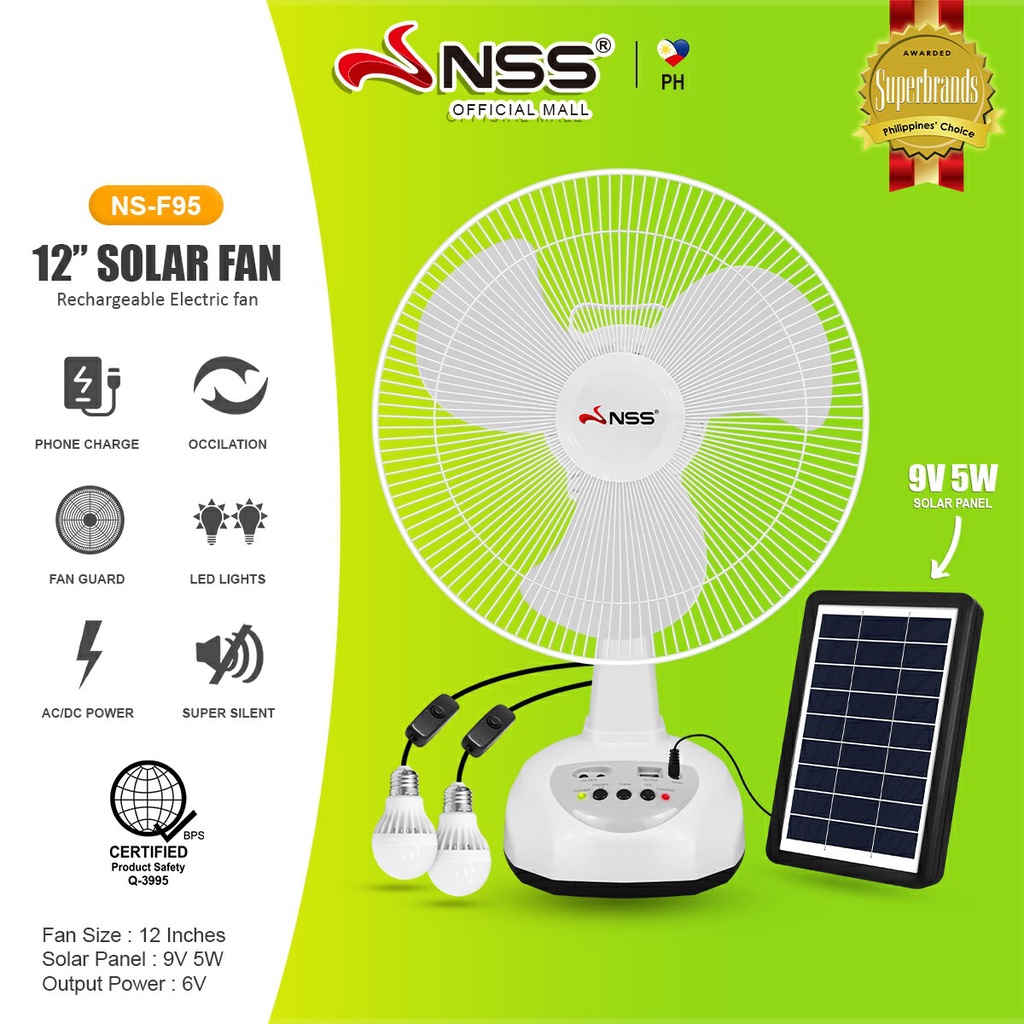 Nss Solar Fan With Panel Solar Electric Fan Rechargeable Fan 12 With Emergency Light 5w Solar