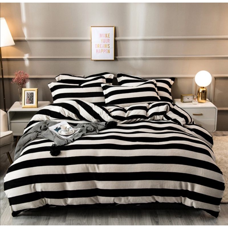 Black White Lines Design 3in1 Modern Korean Cotton Bedsheet Set (Size ...