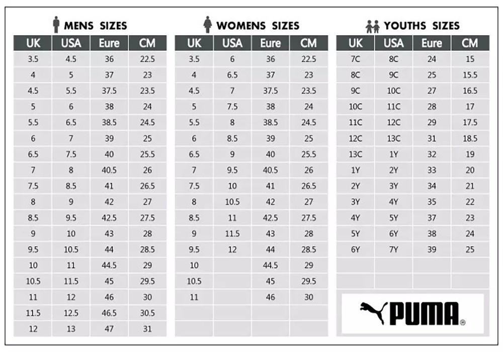 puma short size chart