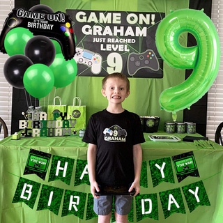 CHEEREVEAL Video Game Themed 9th Birthday Party Decoration for Boys Nine Years Old Birthday Supplies with Green Black Balloons Set Game Controller Level Up Foil Balloons Banner #6