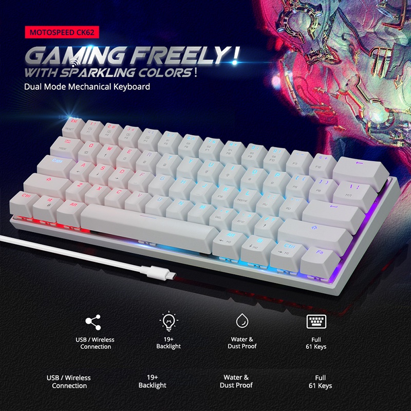 Motospeed CK62 Wired/Wireless Bluetooth Mechanical Keyboards 61 Keys ...