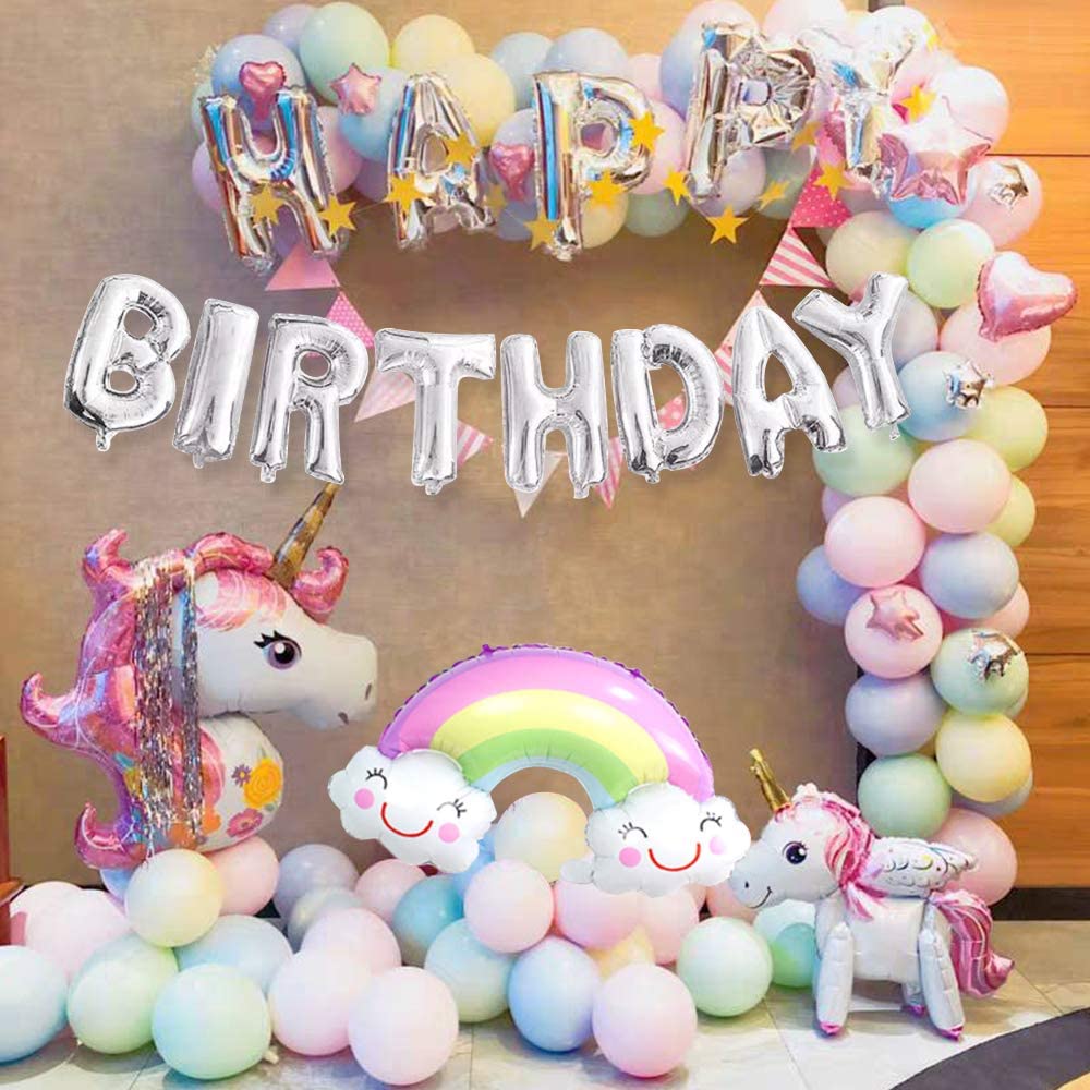Huge 3D Unicorn Balloons with Unicorn Cake Toppers and Triangle Banner Macaron Party Supplies for Birthday Shower Party Festival Decoration Yansion Unicorn Party Decorations for Girls Lady 