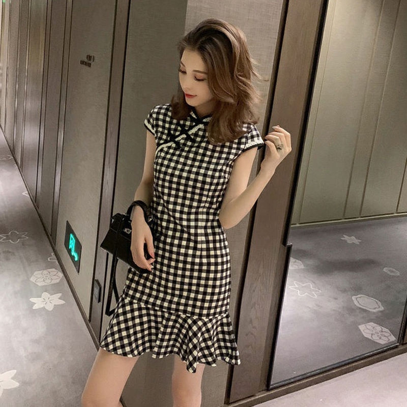 Korean stylePlaid improved cheongsam dress female 2020 summer new girl ...