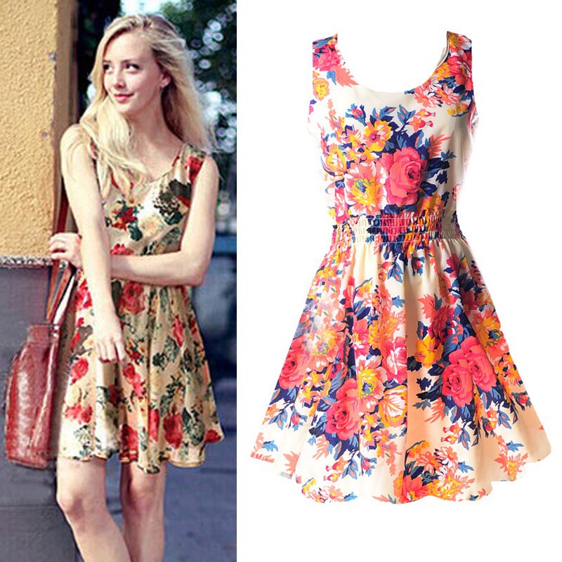 Summer Women Sleeveless Floral Mini Beach Party Dress