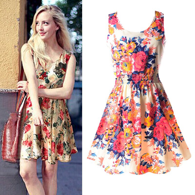 Summer Women Sleeveless Floral Mini Beach Party Dress