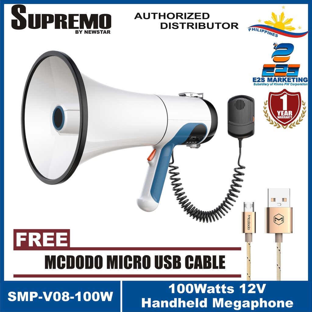 Supremo High Power Handheld Megaphone with Microphone 12V 100Watts SMP