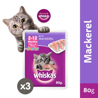 WHISKAS Junior Kitten Food Pouch – Kitten Wet Food in Mackerel Flavor (3-Pack), 80g.
