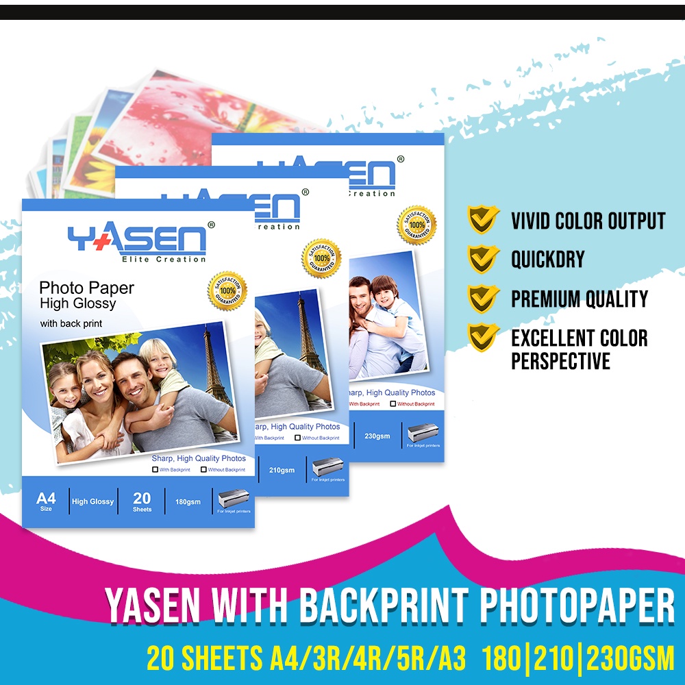 Yasen High Glossy Photo Paper with Backprint 20 Sheets A4 / 3R / 4R