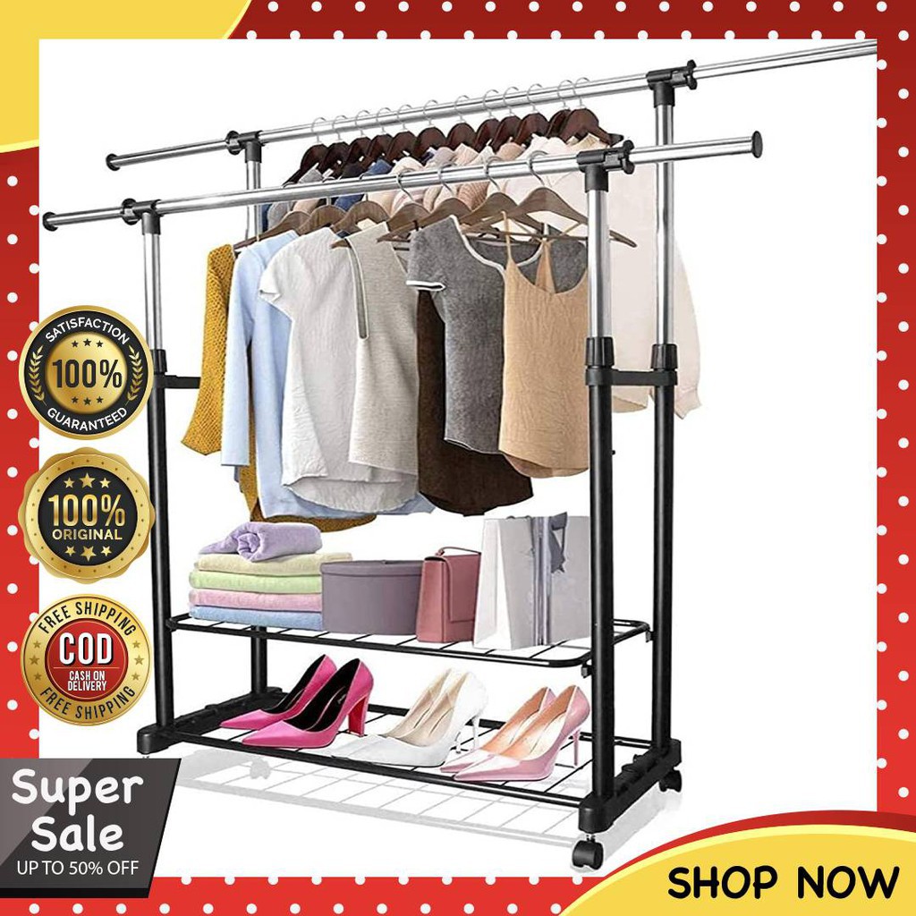 Rack Original Adjustable Double Rail Garment Rack With Shoes Shelf on Wheels Adjustable Double