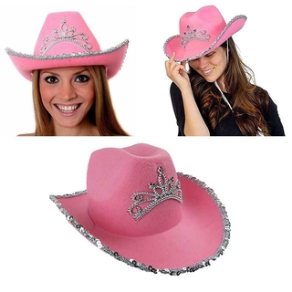 Pink Cowboy Hat With Tiara Wild West Cowgirl Fancy Dress Costume Hen Night 